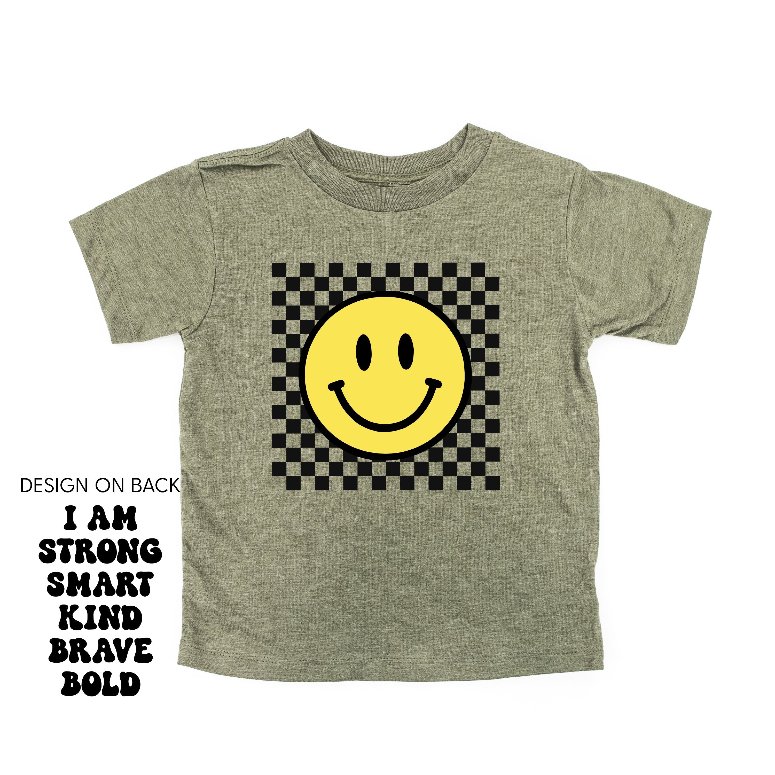 Big Yellow Checker Smiley - I am Strong Smart Kind Brave Bold (f &amp; b) - Child Tee