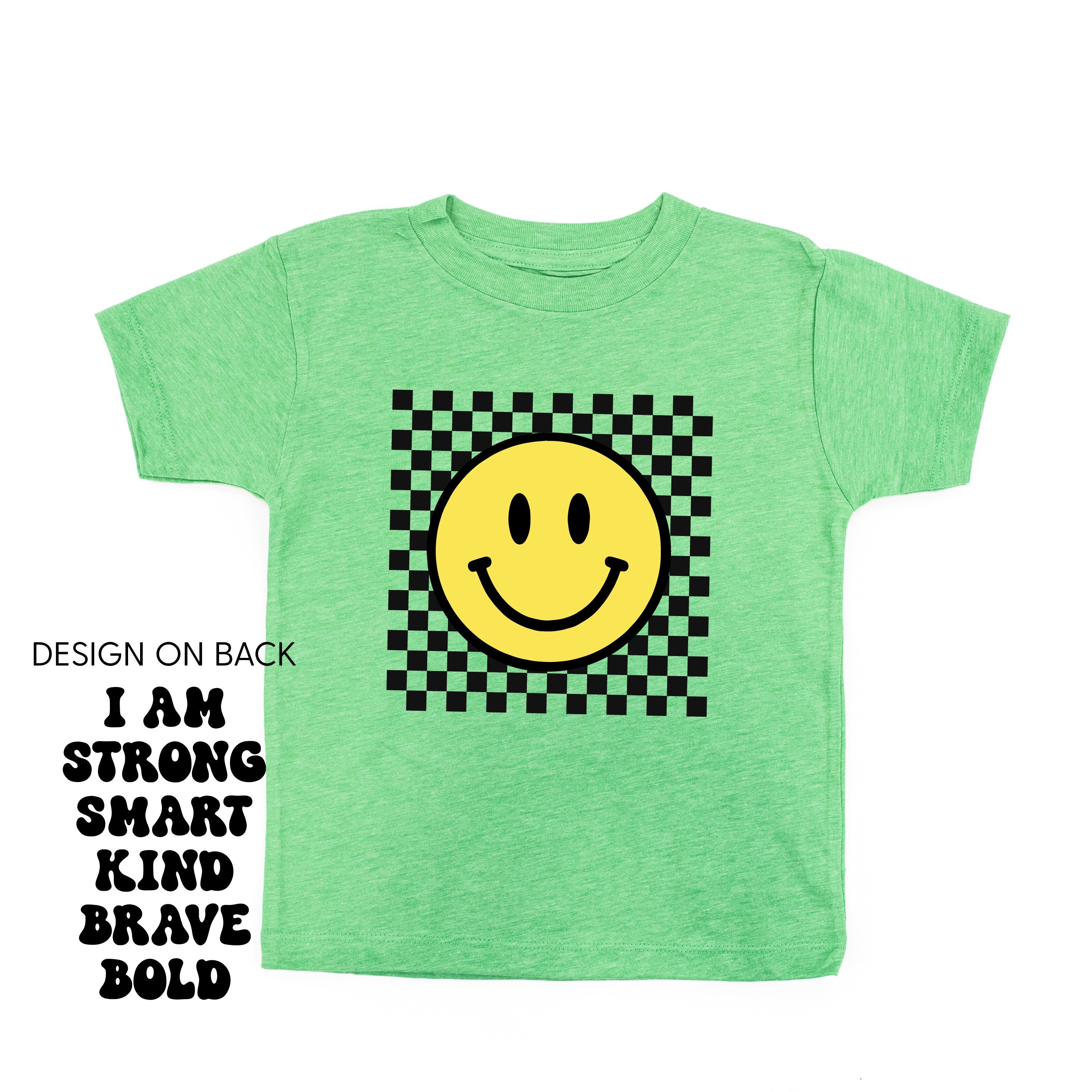 Big Yellow Checker Smiley - I am Strong Smart Kind Brave Bold (f &amp; b) - Child Tee