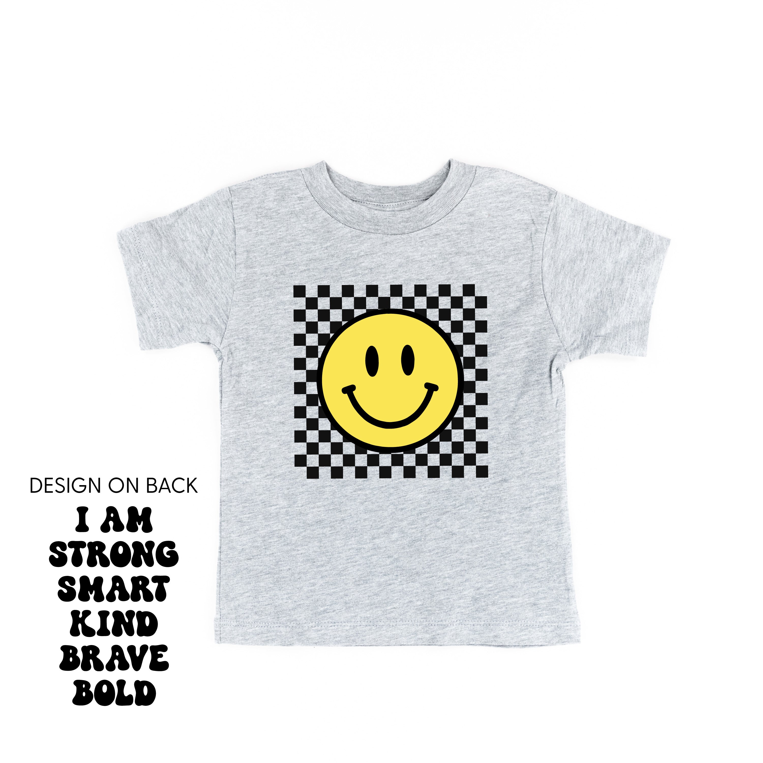 Big Yellow Checker Smiley - I am Strong Smart Kind Brave Bold (f &amp; b) - Child Tee