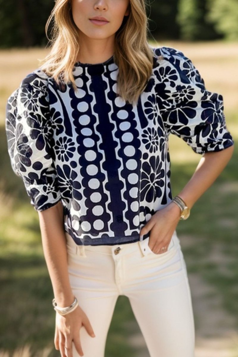 Stylish Printed Round Neck Half Sleeve Blouse for Women