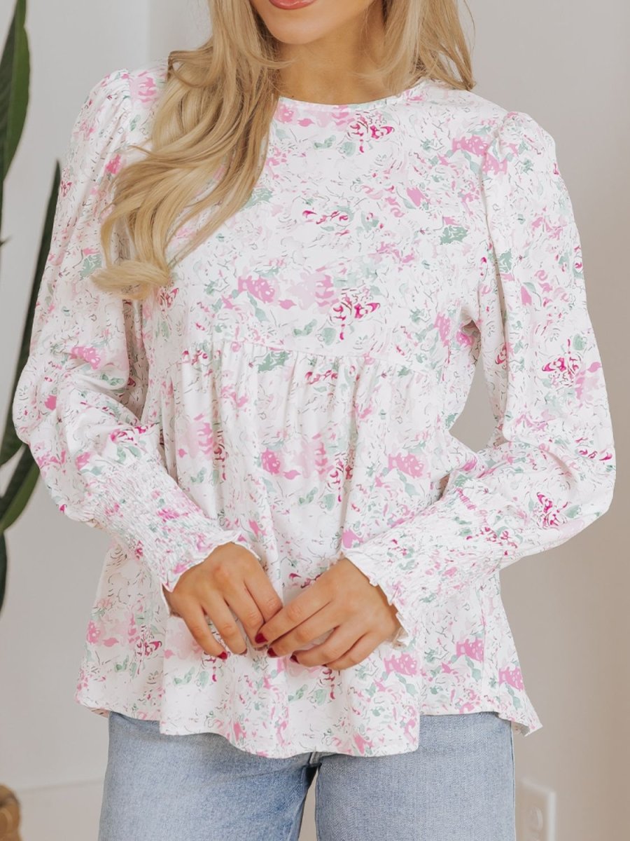 Stylish Printed Round Neck Long Sleeve Blouse for Women