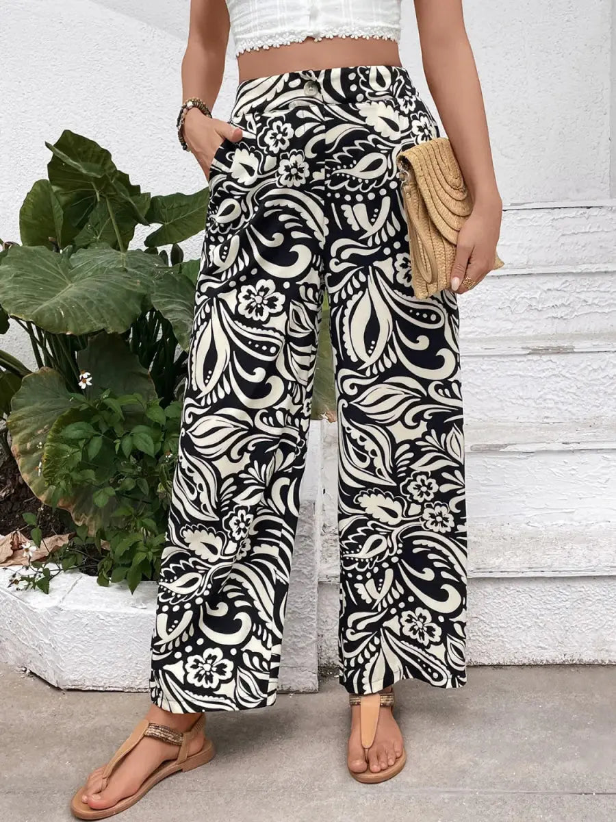 Trendsi Printed Wide Leg Women&amp;#39;s Pants Casual Bottoms with Pockets