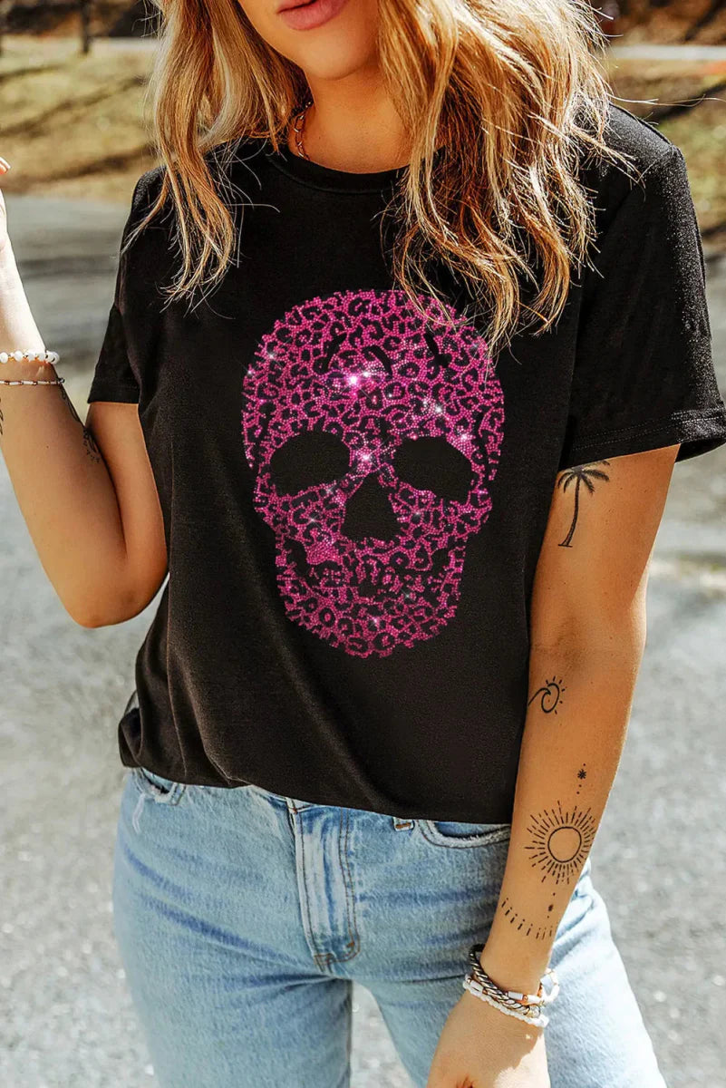 Stylish Rhinestone Round Neck Short Sleeve T-Shirt for Women