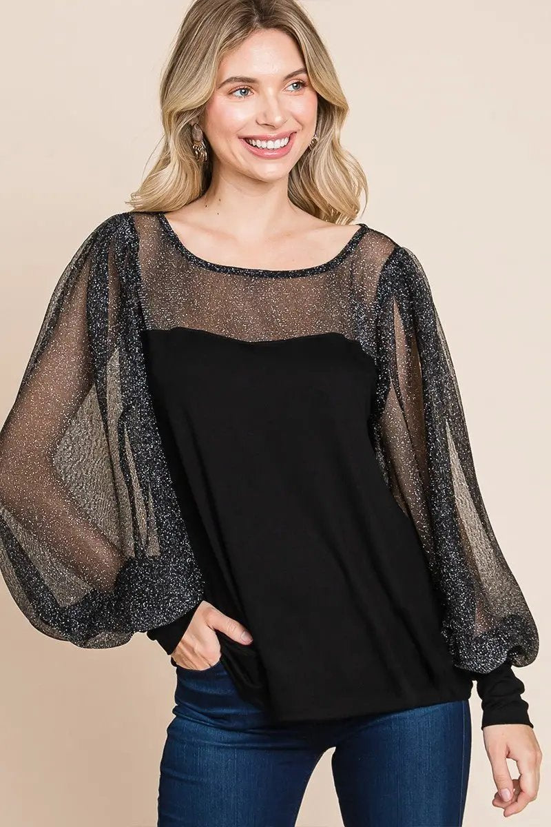 Metallic Mesh Blouse Women&amp;#39;s Party Top Lantern Sleeve Shirt Elegant