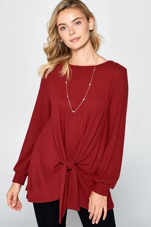 Hacci Blouse Women&amp;#39;s Round Neck Knot Front Top USA Shipped