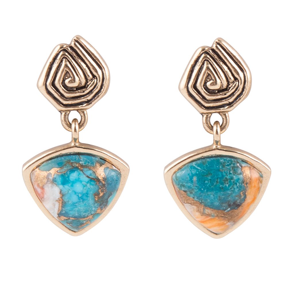 Swirled Blue Turquoise and Orange Sponge Coral Matrix Golden Post Earrings