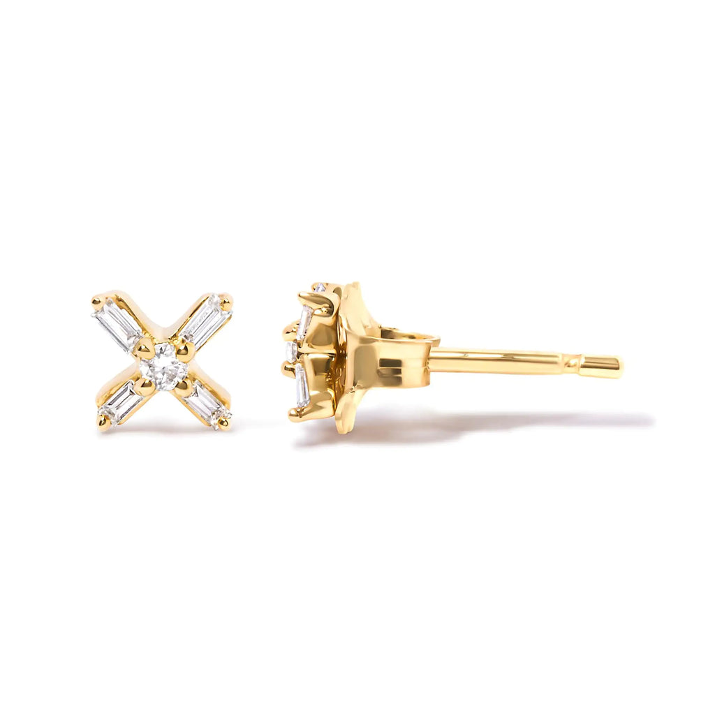 Style Loft Collection 10K Yellow Gold 1/10 Ctw Round and Baguette Diamond Criss Cross X Stud Earring (H-I Color, I1-I2 Clarity)
