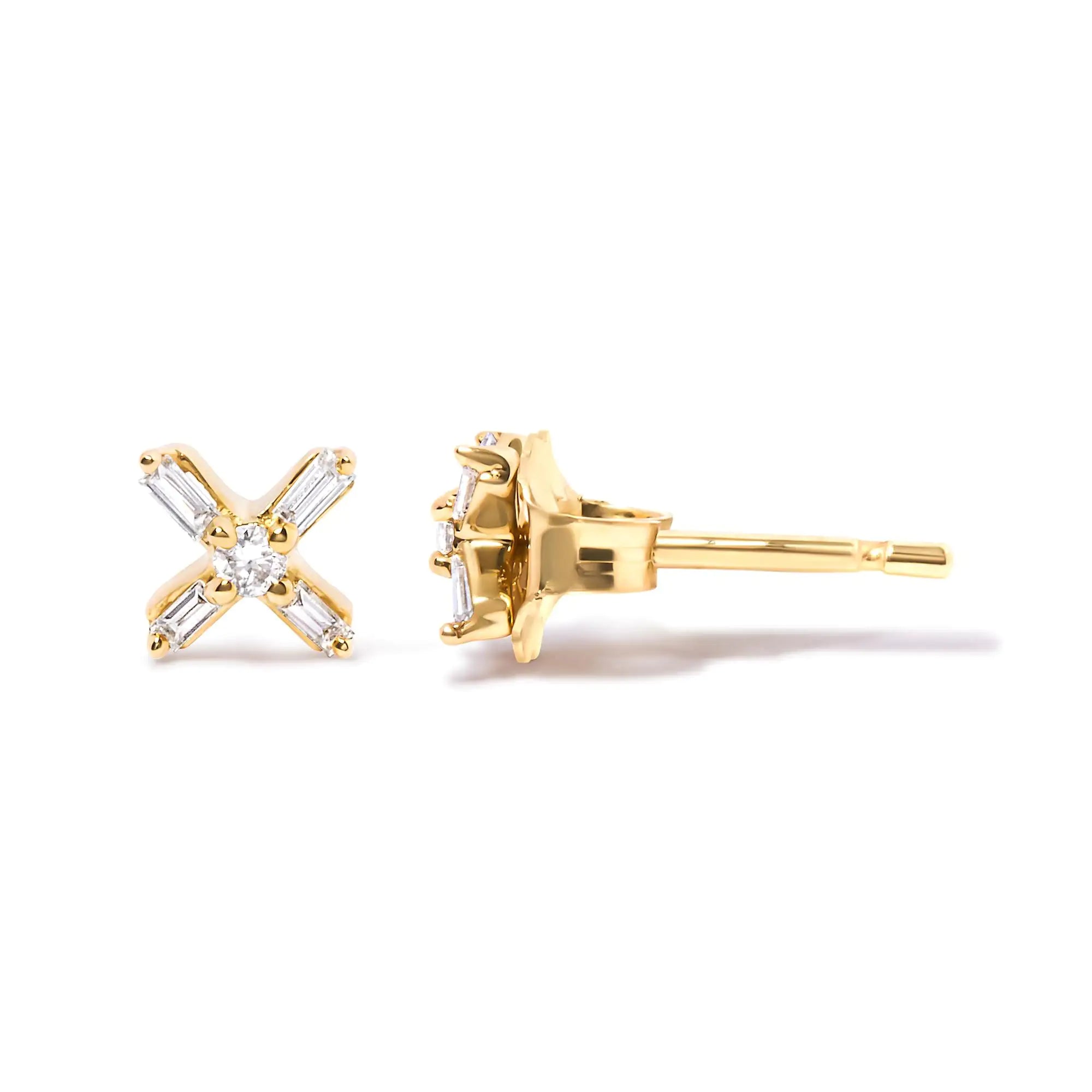 Style Loft Collection 10K Yellow Gold 1/10 Ctw Round and Baguette Diamond Criss Cross X Stud Earring (H-I Color, I1-I2 Clarity)