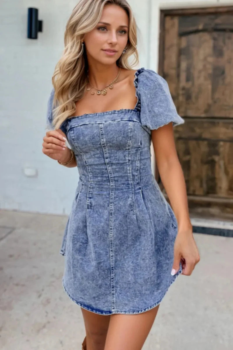 Tie Back Square Neck Puff Sleeve Denim Dress for Women