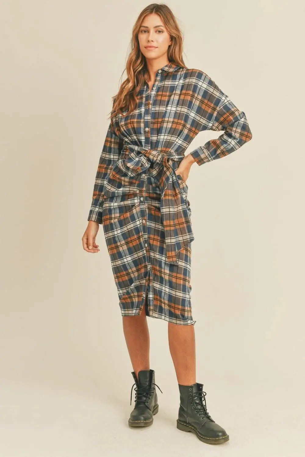 Trendsi Plaid Flannel Dress Women&amp;#39;s Tie-Front Shirt Dress Casual, Ship from USA