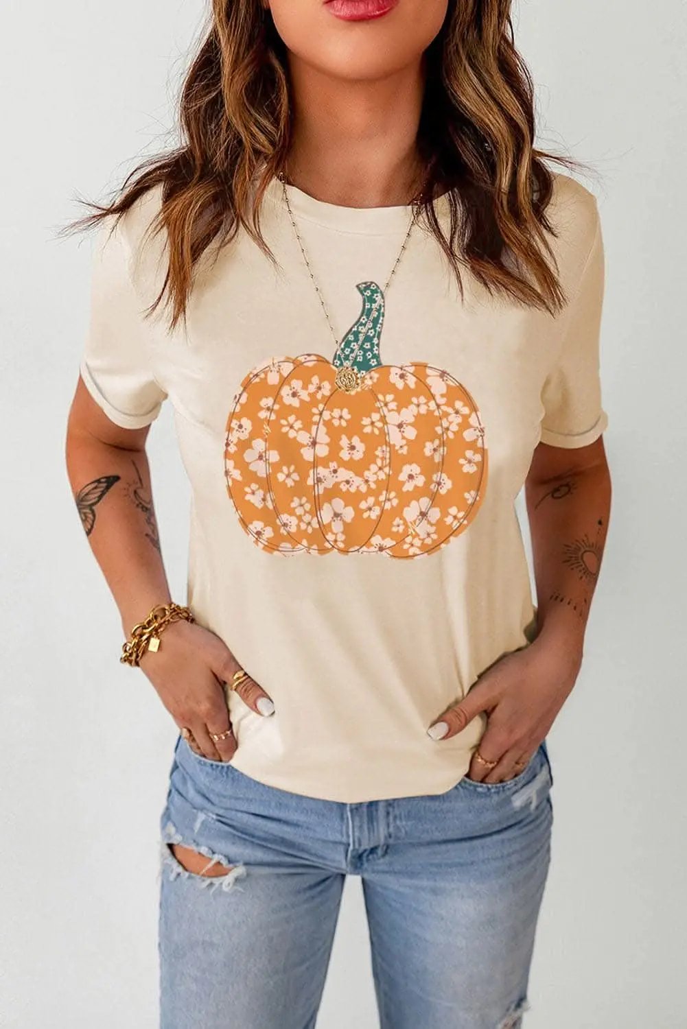 Trendsi Pumpkin Print Tee Women&amp;#39;s Fall Fashion Graphic Top - Soft &amp;amp; Comfy