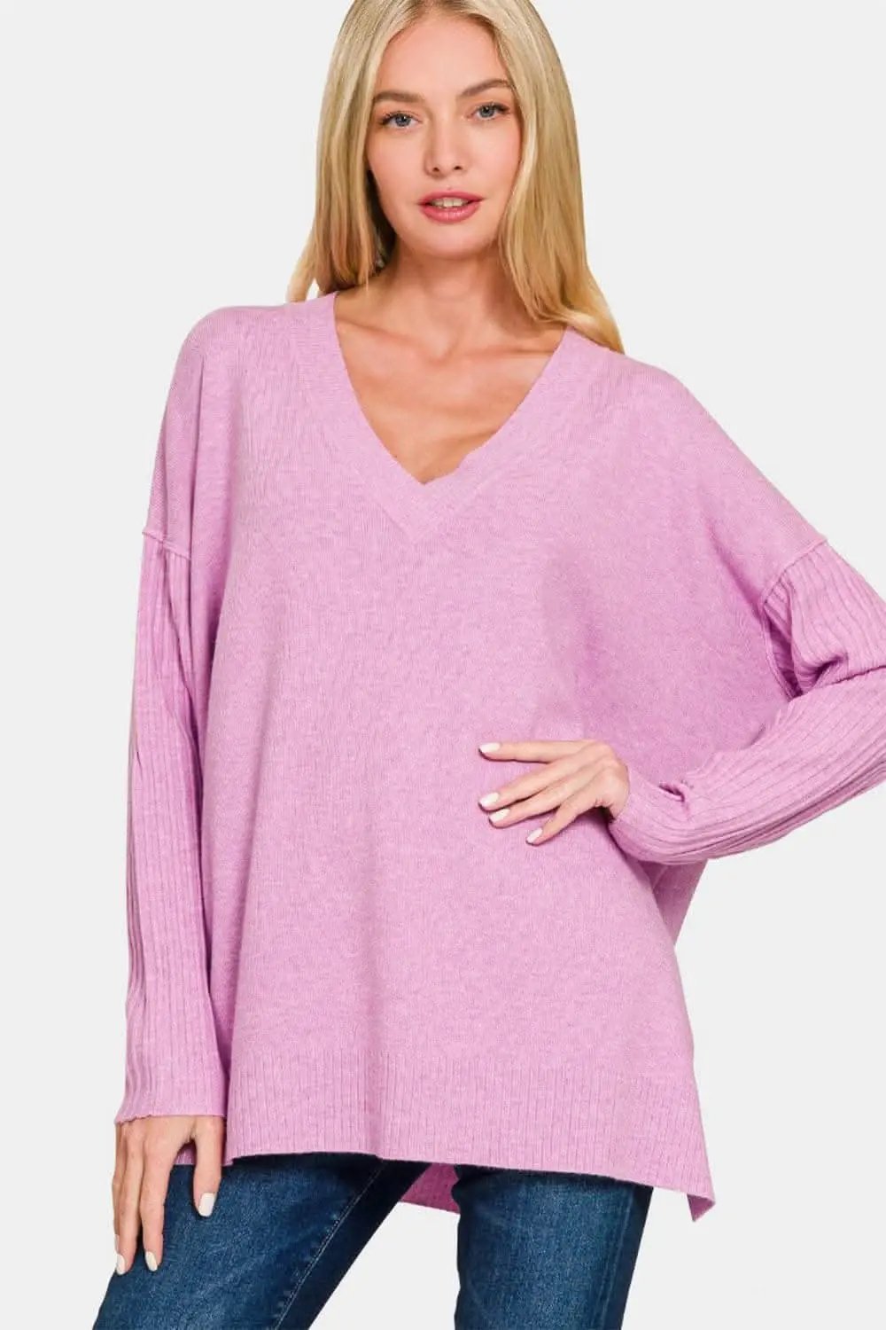 Chic V-neck high-low sweater - Premium Quality