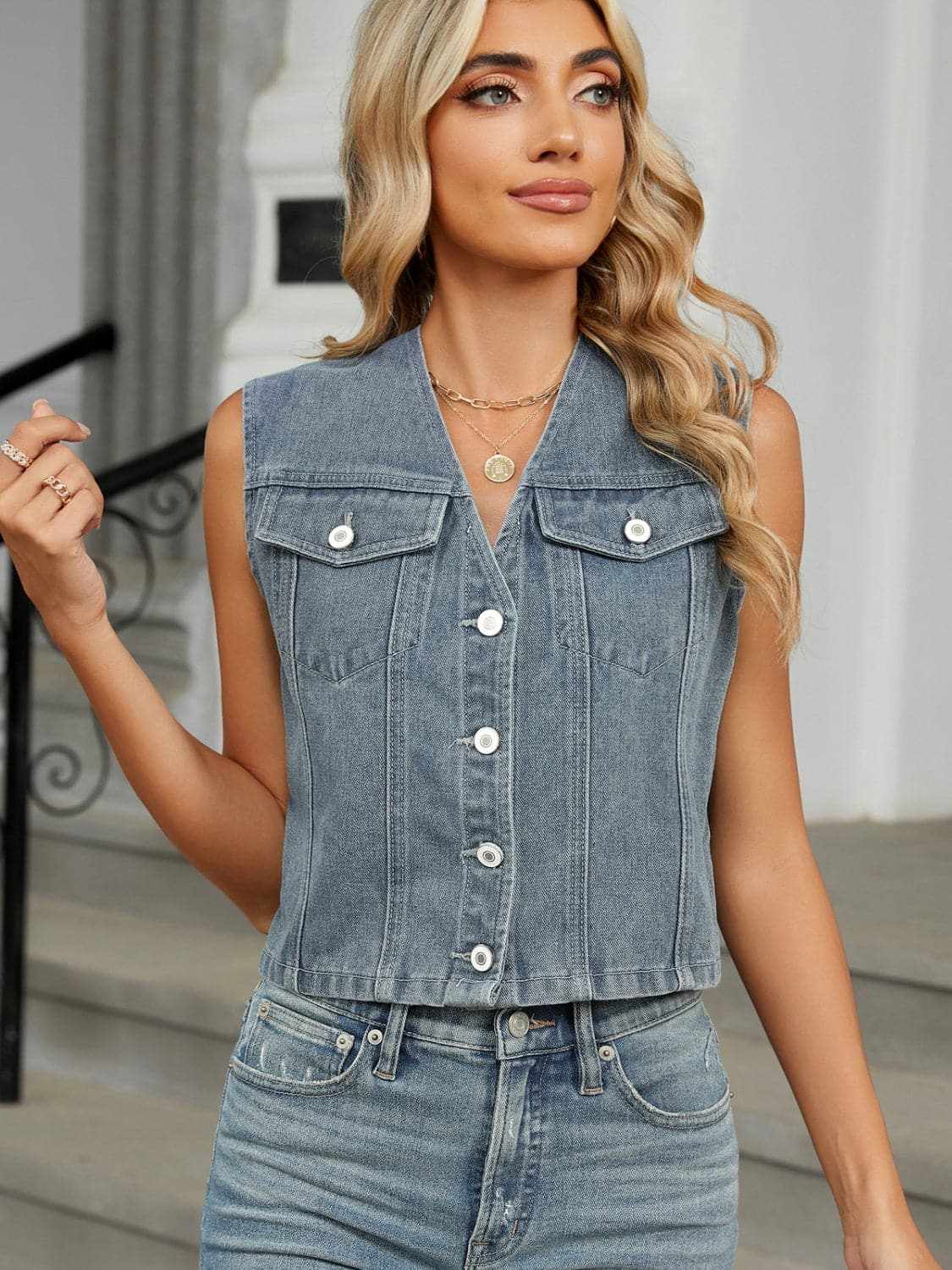 V-neck denim vest with buttons