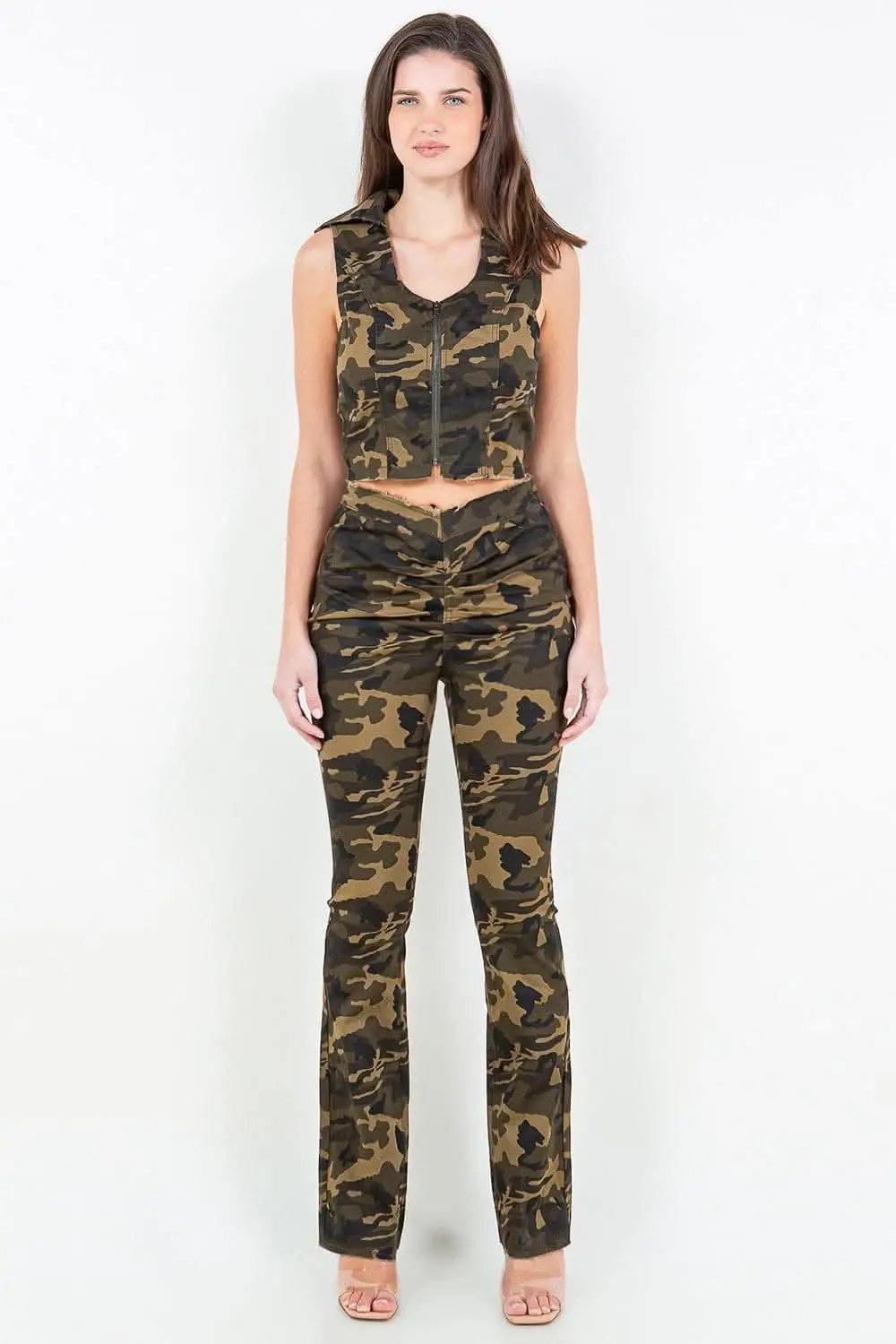 Trendsi V-cut camo flared pants