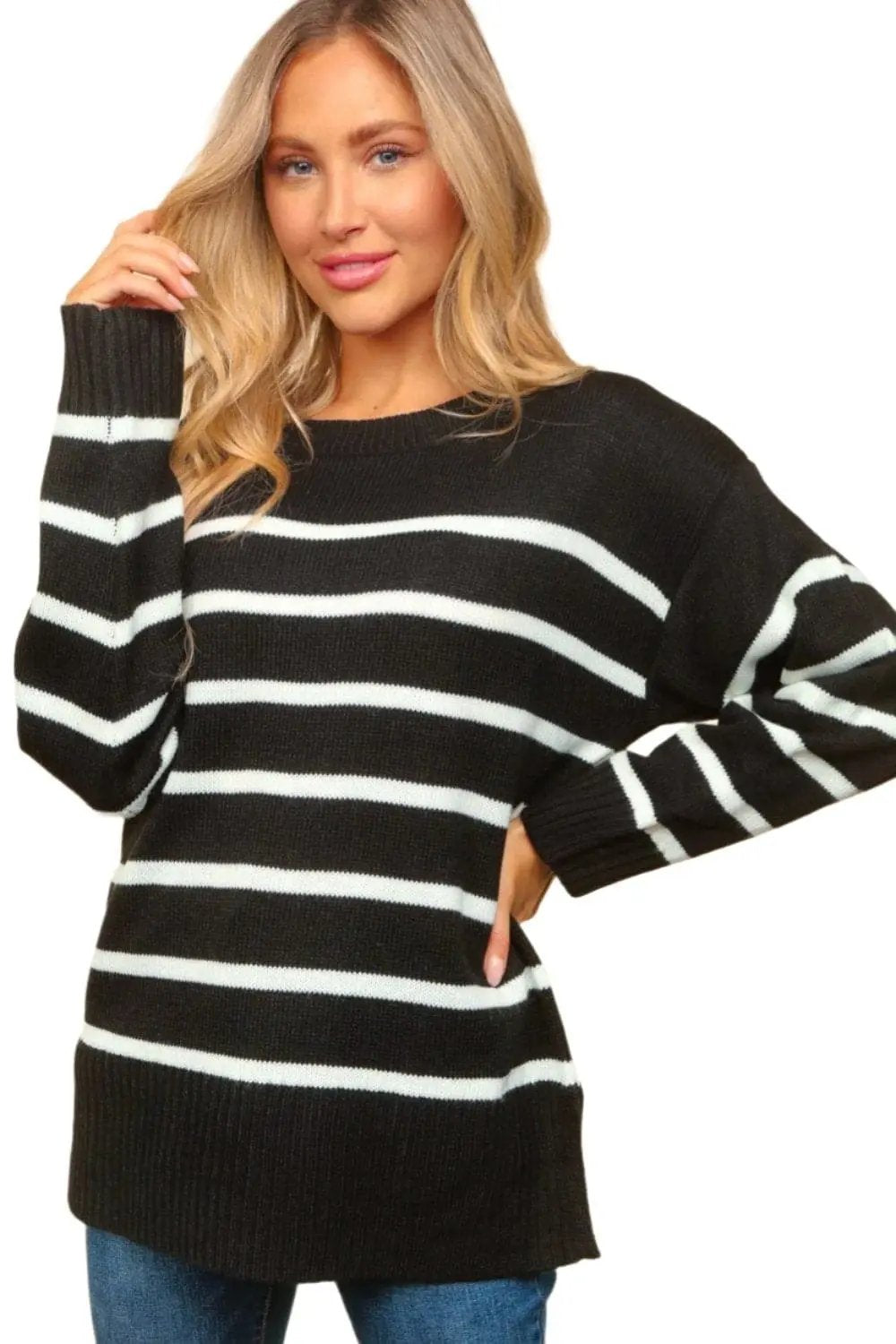 Trendsi Modern Striped Side Slit Sweater