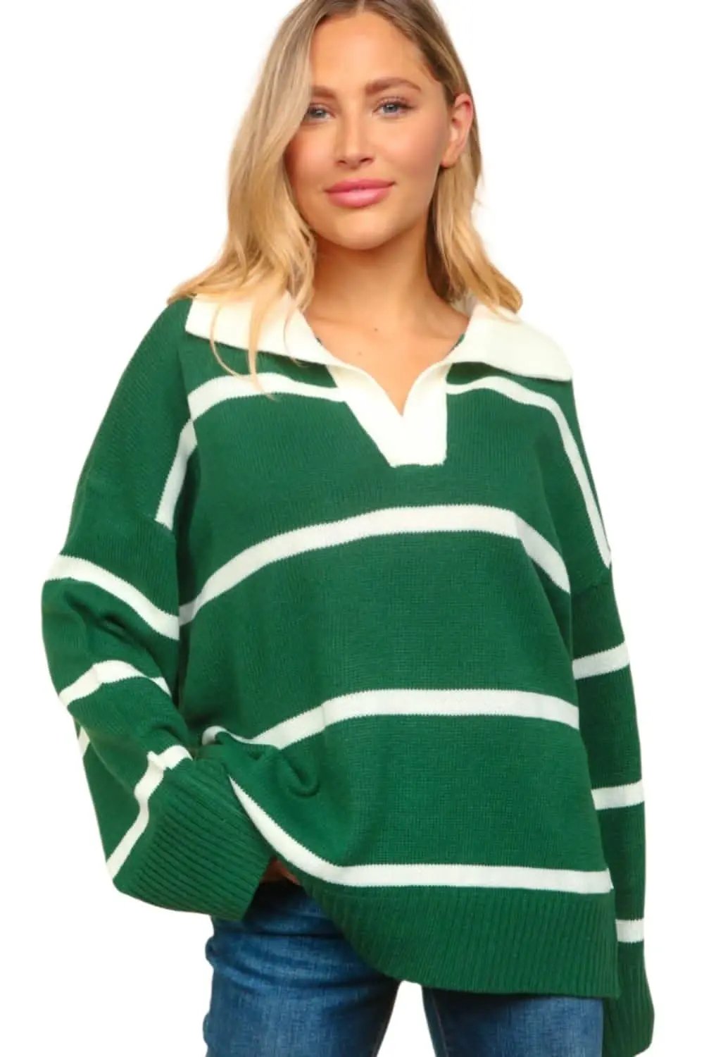Trendsi Haptics Striped Sweater Women&amp;#39;s Elegant Wardrobe Collared Neck Contrast Sweater