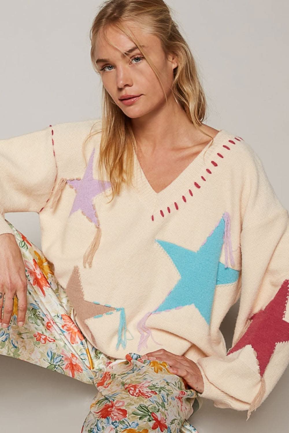 Starry fringe v-neck sweater