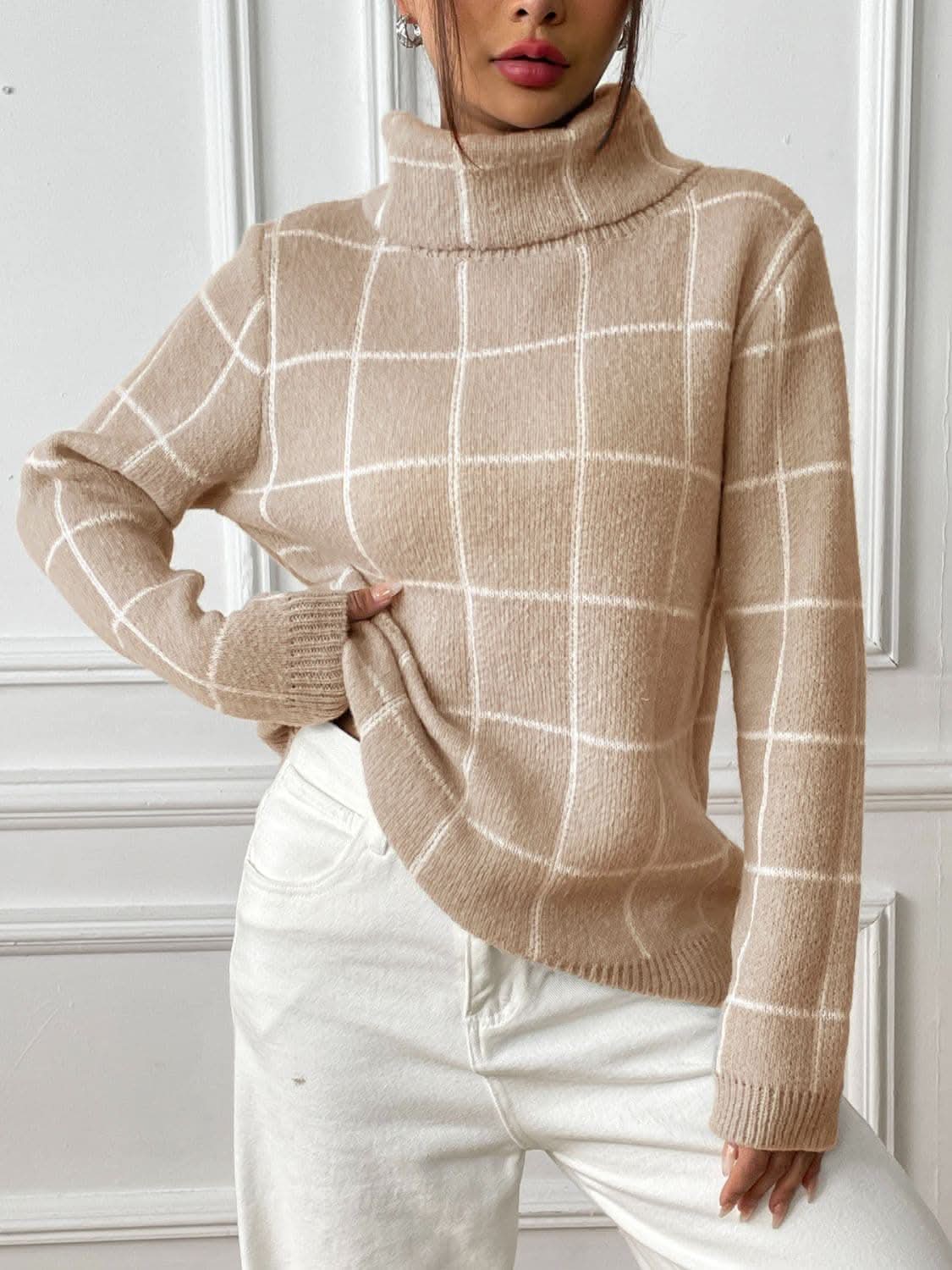 Cozy plaid turtleneck sweater