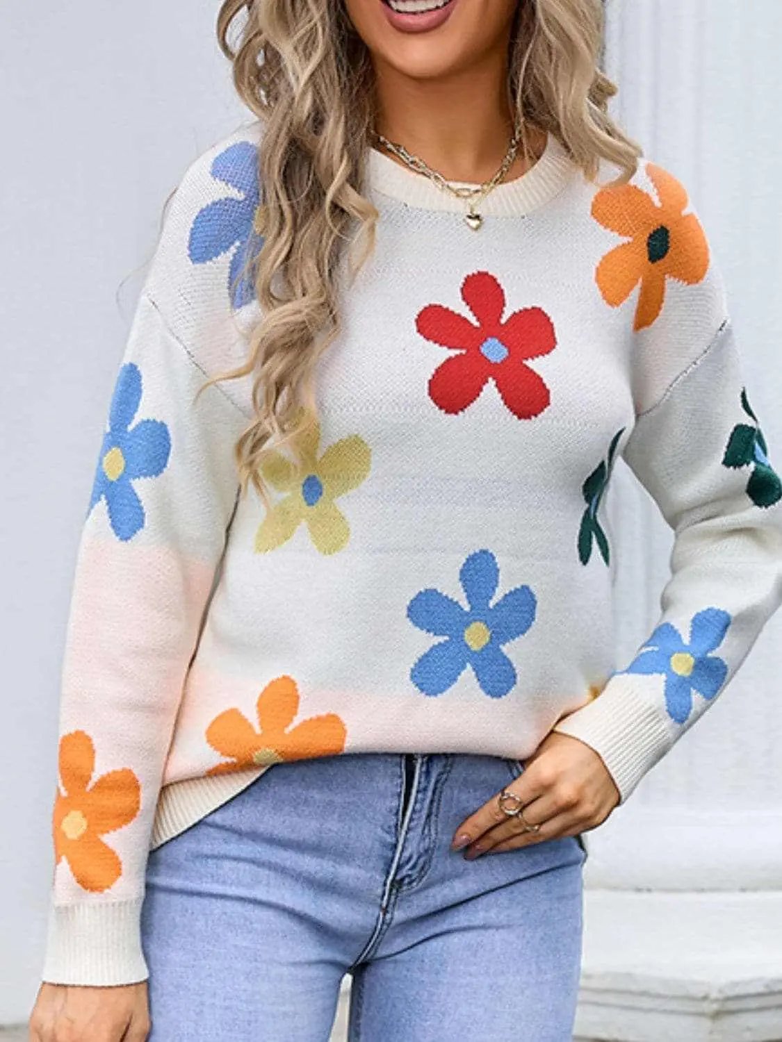 Trendsi Floral Knit Sweater - Long Sleeve