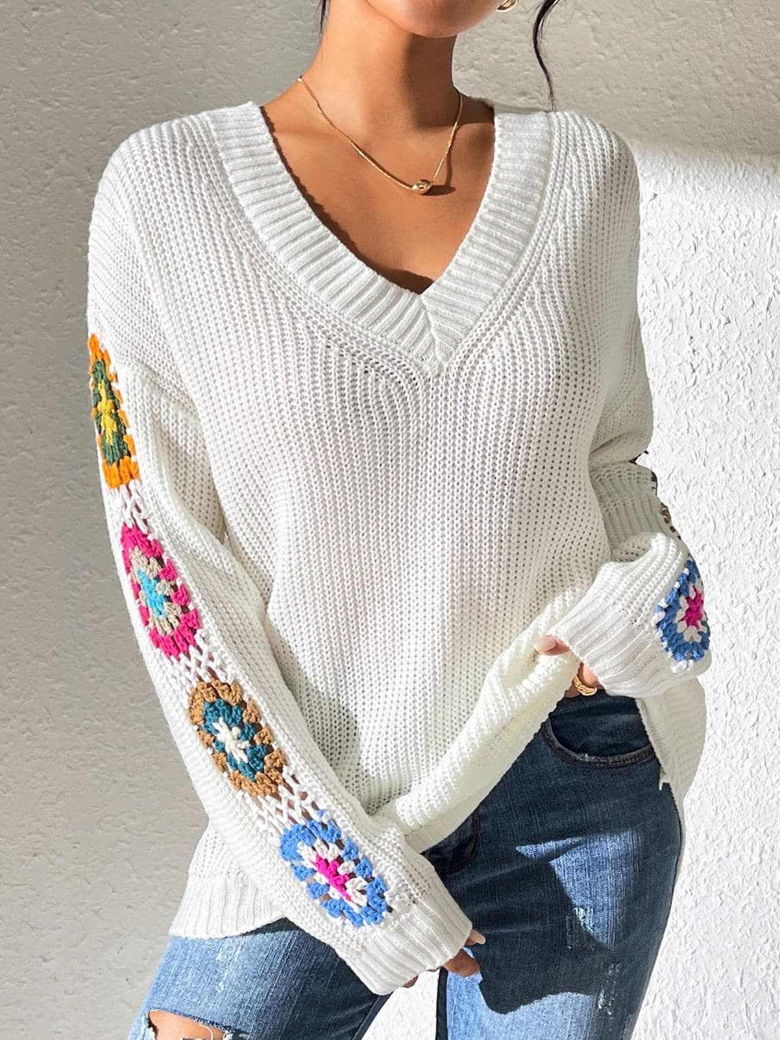 Floral V-neck crochet sweater