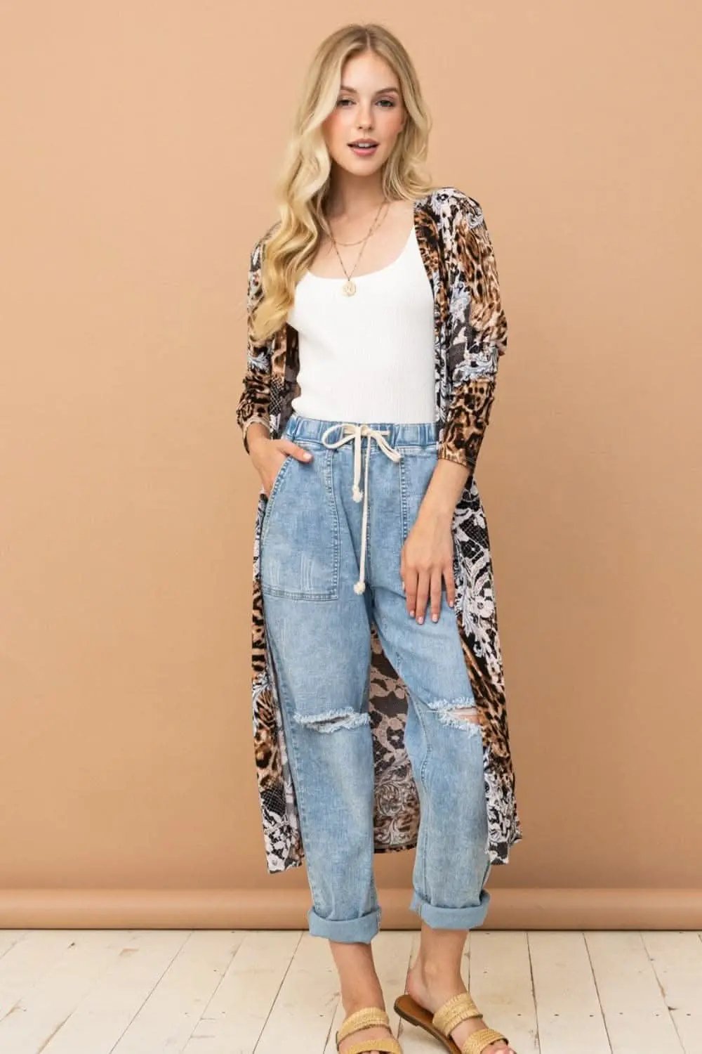 Trendsi Leopard Print Cardigan Women&amp;#39;s Fall Outfit Duster Long Knit Open Front