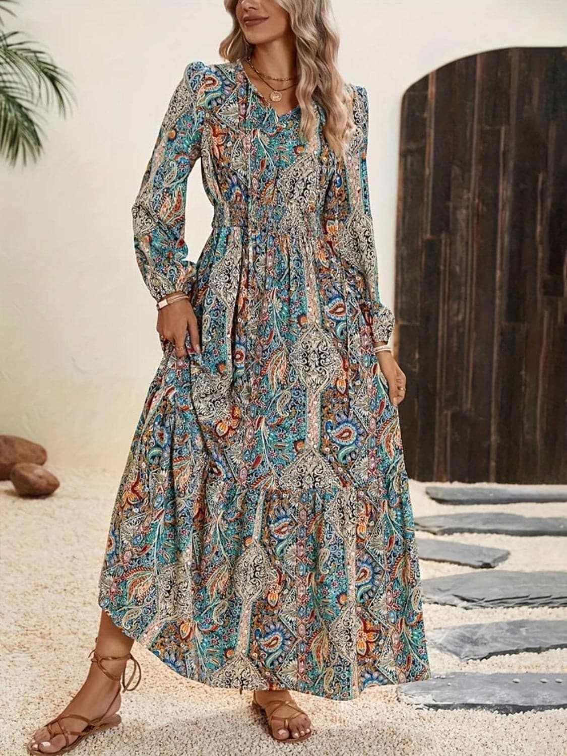 Floral tie-neck maxi dress - polyester