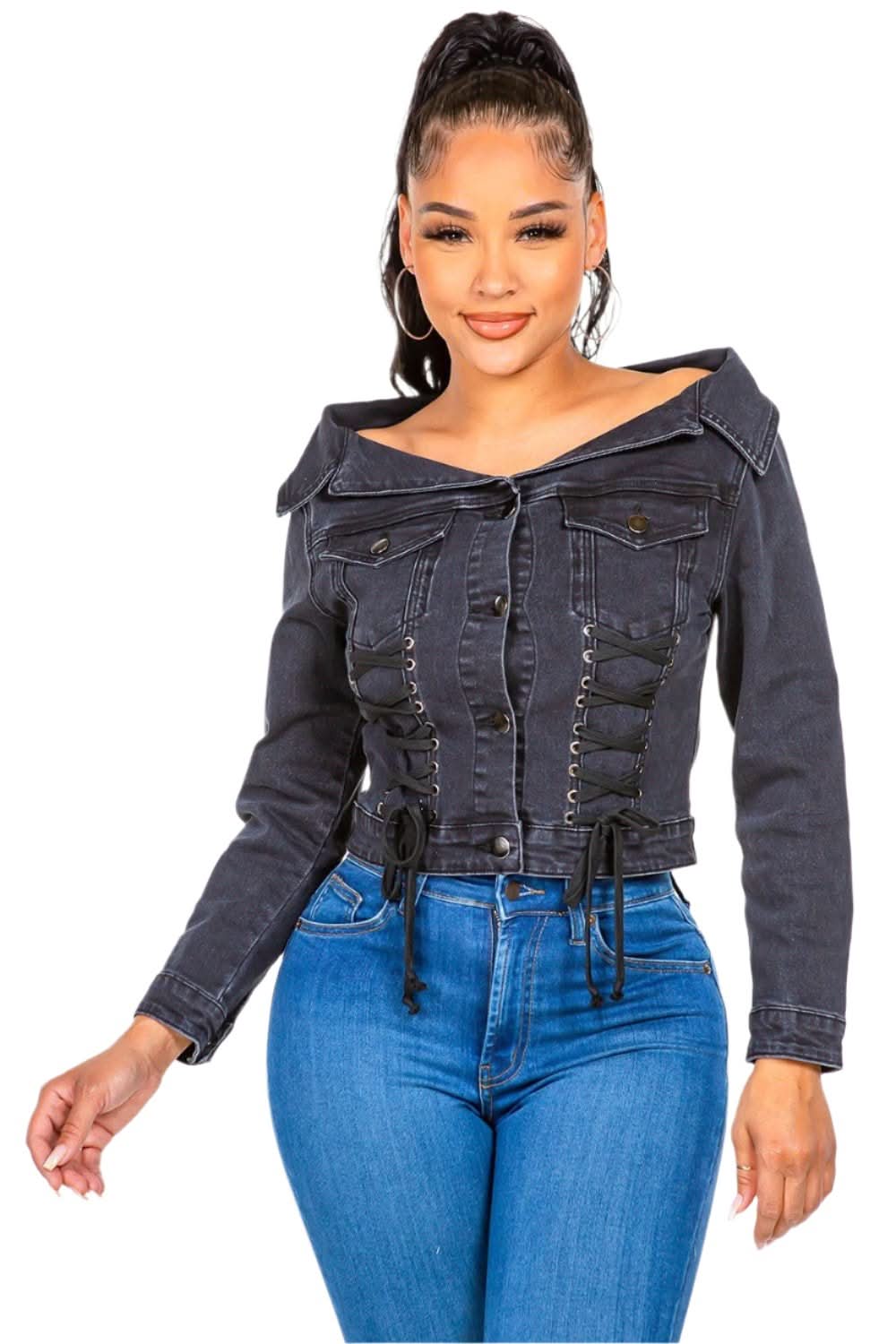 Chic off-shoulder lace-up denim jacket
