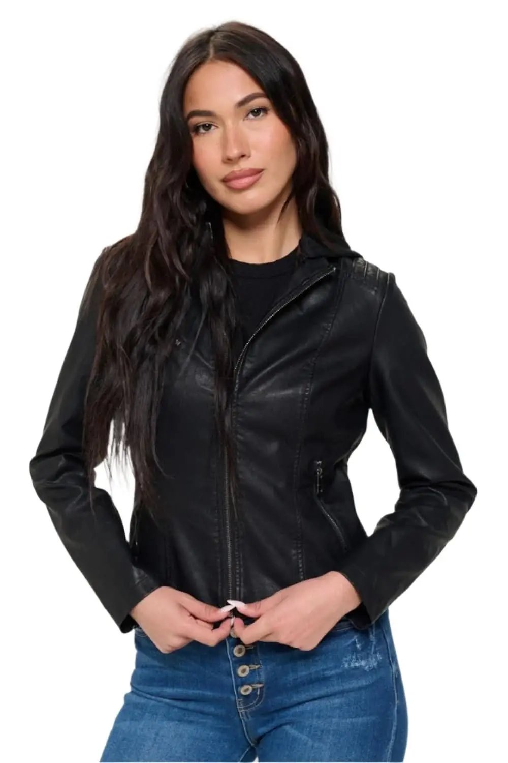 Trendsi Vegan leather hooded jacket by Coalition LA