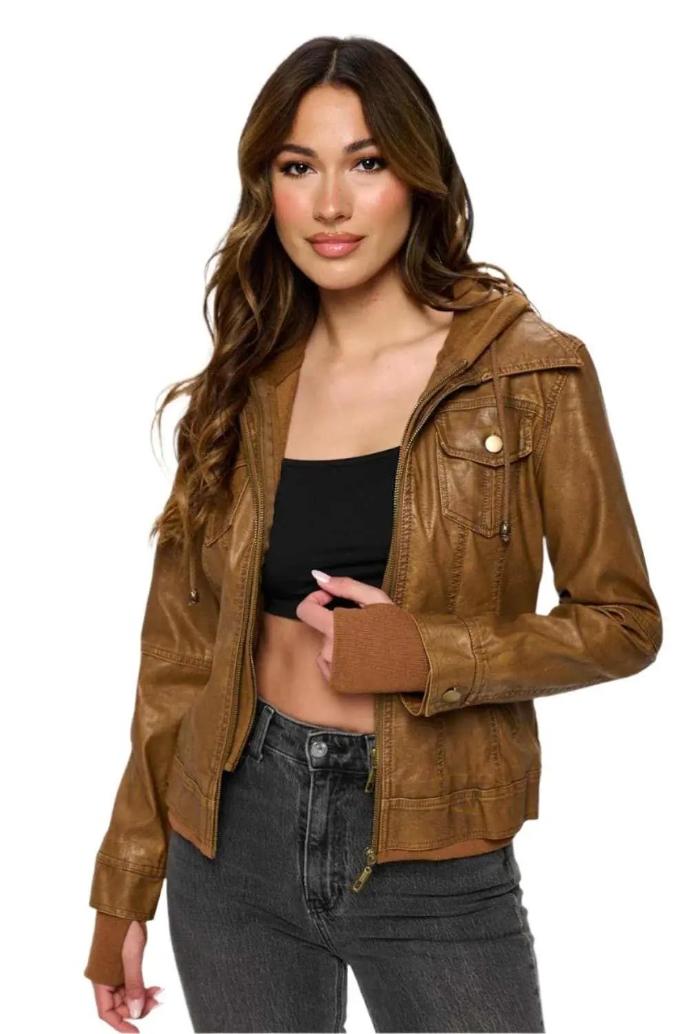 Trendsi Hooded double zip jacket - vegan leather