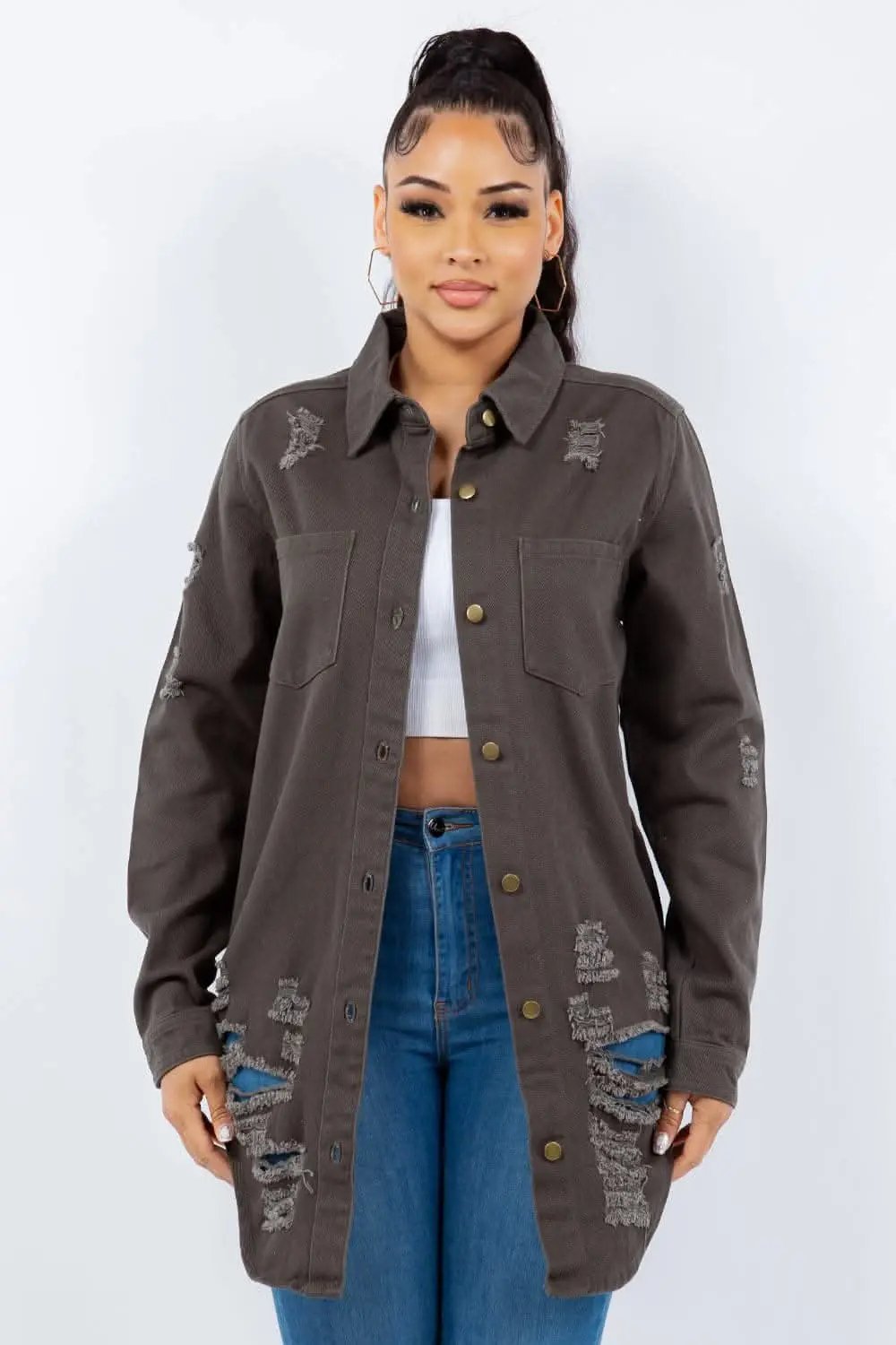 Trendsi Stylish distressed denim jacket