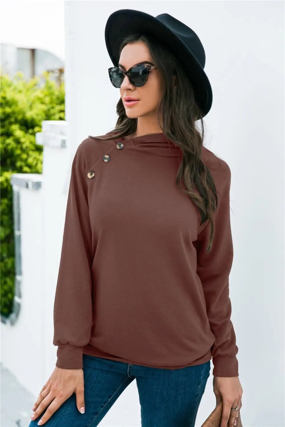 Trendsi Chic long sleeve button sweatshirt