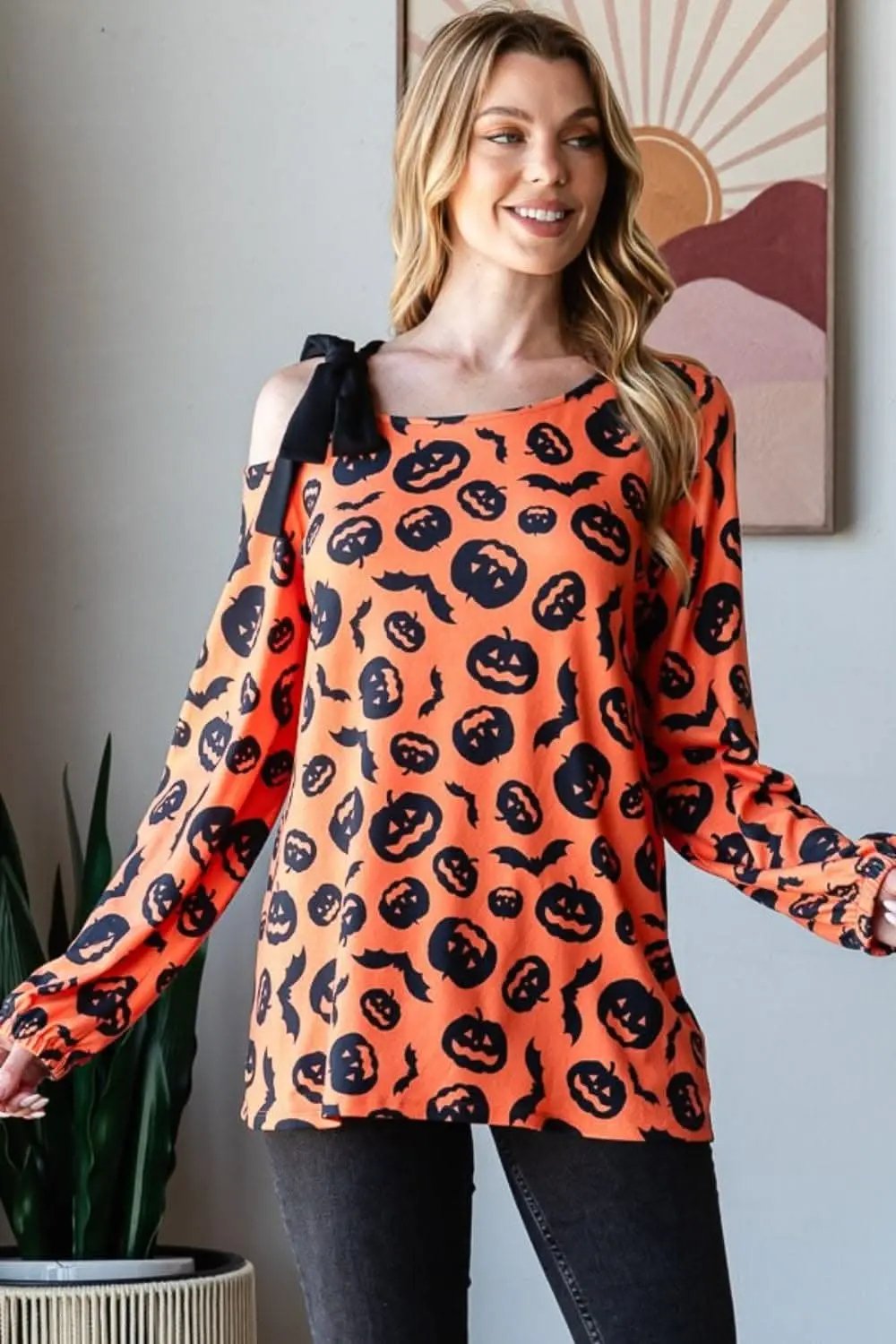 Trendsi Pumpkin Print Tee Women&amp;#39;s Fall Fashion Top One-Shoulder, Trendy