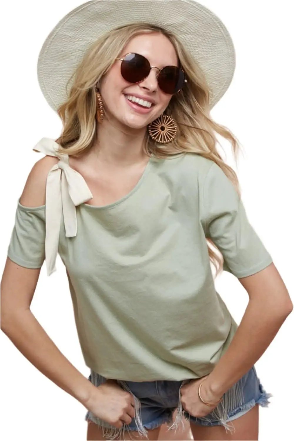Trendsi One-Shoulder Tee Women&amp;#39;s Casual T-Shirt Ribbon Tie Detail, Trendy Top