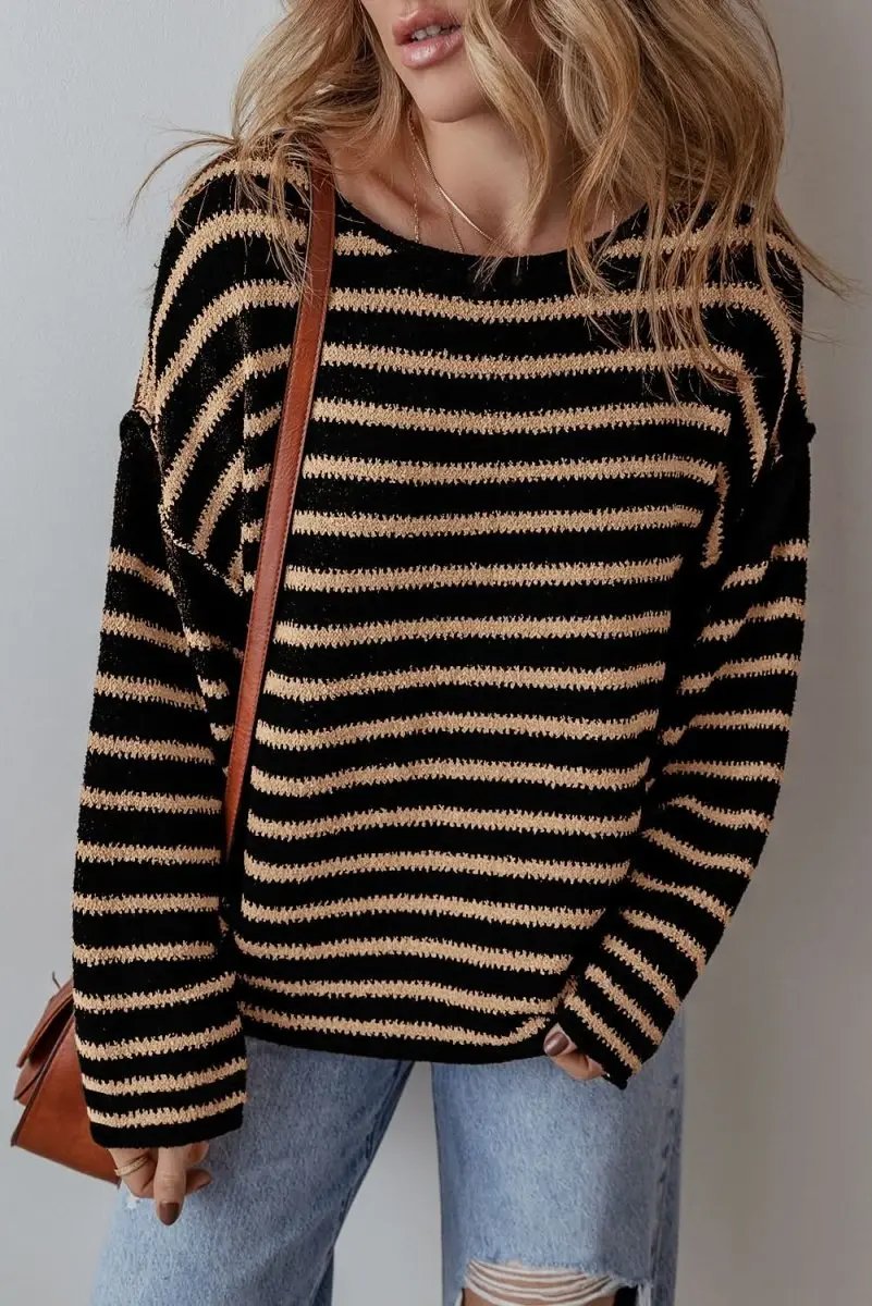 Love Salve Black Striped Sweater Women&amp;#39;s Casual Winter Top: Oversized &amp;amp; Trendy