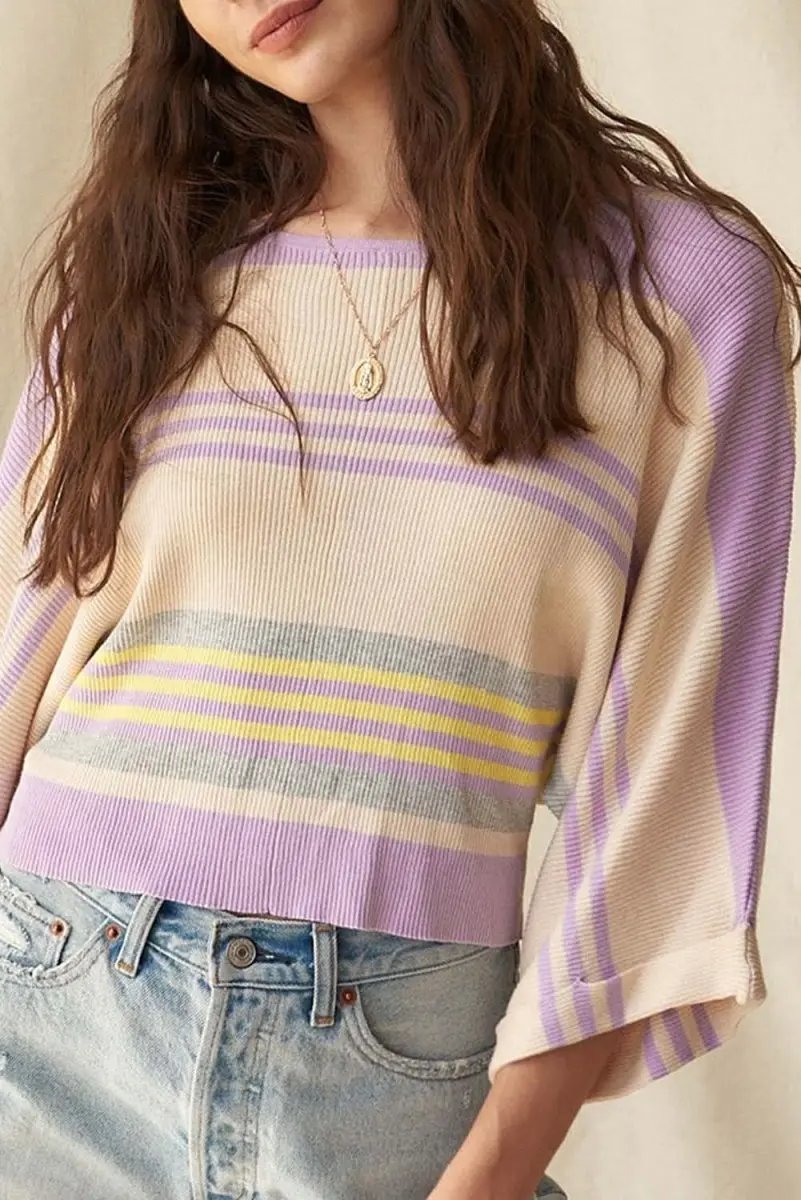 Love Salve Purple Striped Sweater Women&amp;#39;s Casual Rib Knit Top + Dolman Sleeves + Spring Style