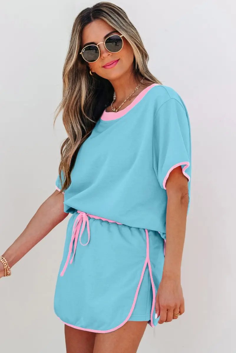 Love Salve Turquoise Set Women&#39;s Daily Casual T-Shirt &amp; Skort Set | Colorblock, Summer