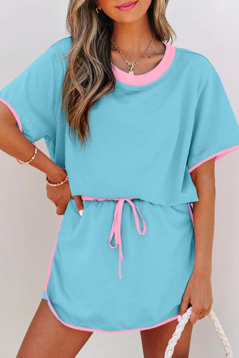 Love Salve Turquoise Set Women&#39;s Daily Casual T-Shirt &amp; Skort Set | Colorblock, Summer