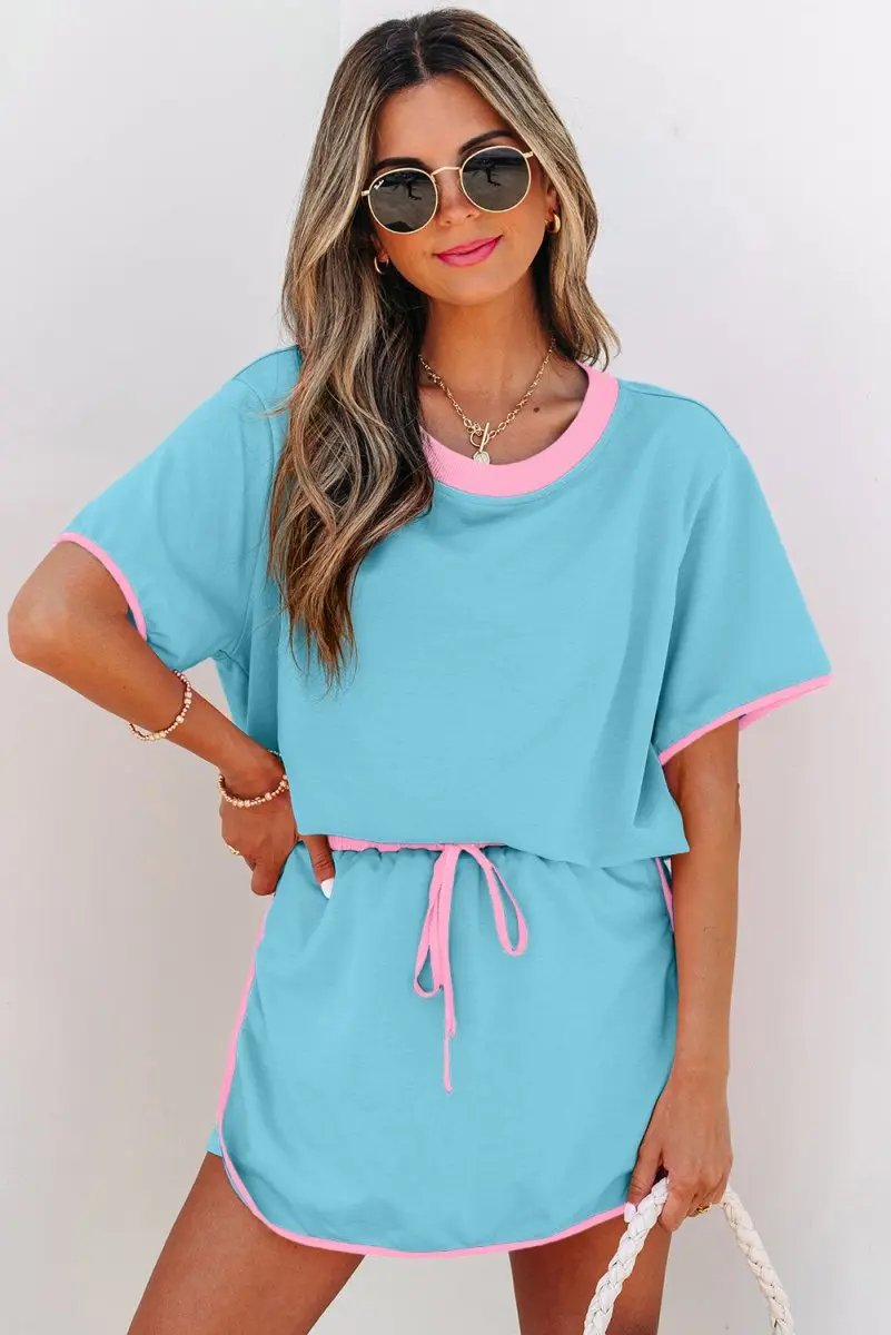 Love Salve Turquoise Set Women&#39;s Daily Casual T-Shirt &amp; Skort Set | Colorblock, Summer