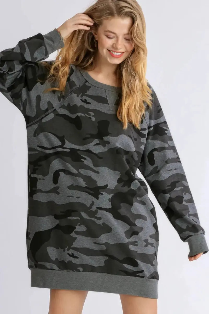 Camo Mini Dress Women&amp;#39;s Casual Ribbed Hem French Terry Dress - Comfy Fit