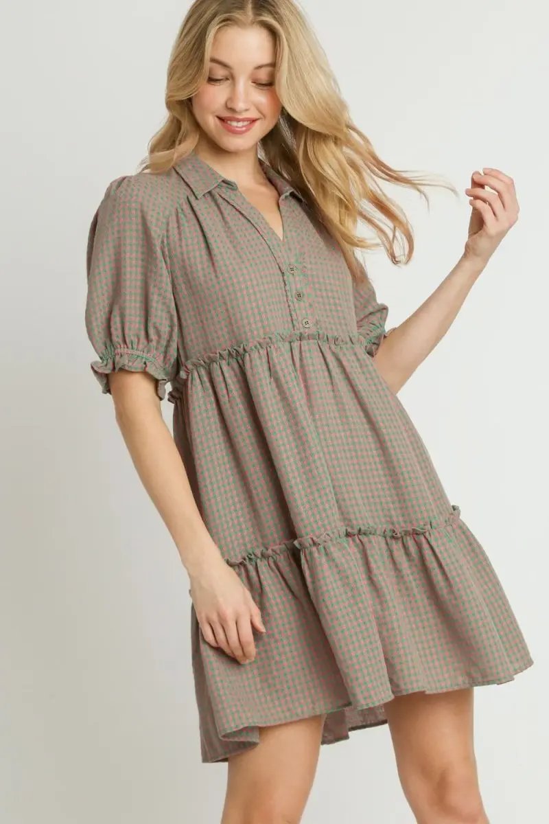 Plaid Frill Dress Women&amp;#39;s Casual Ruffled Button-Up Mini Dress