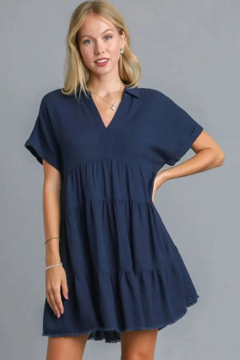 Raw Hem Dress Women&amp;#39;s Plus Size Casual Tiered Mini Dress - Folded Sleeve
