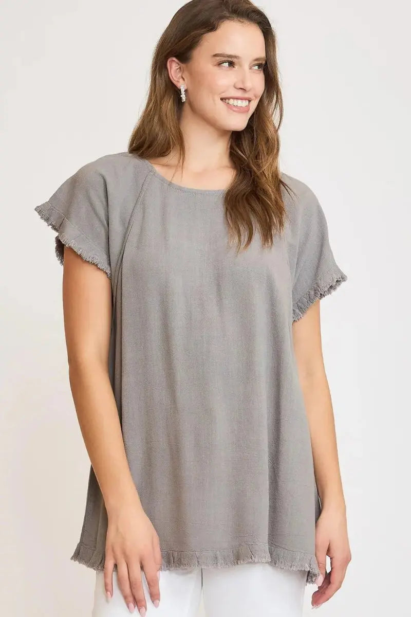 Linen Ruffle Top Women&amp;#39;s Plus Size Casual Tee Fringe Detail Comfy