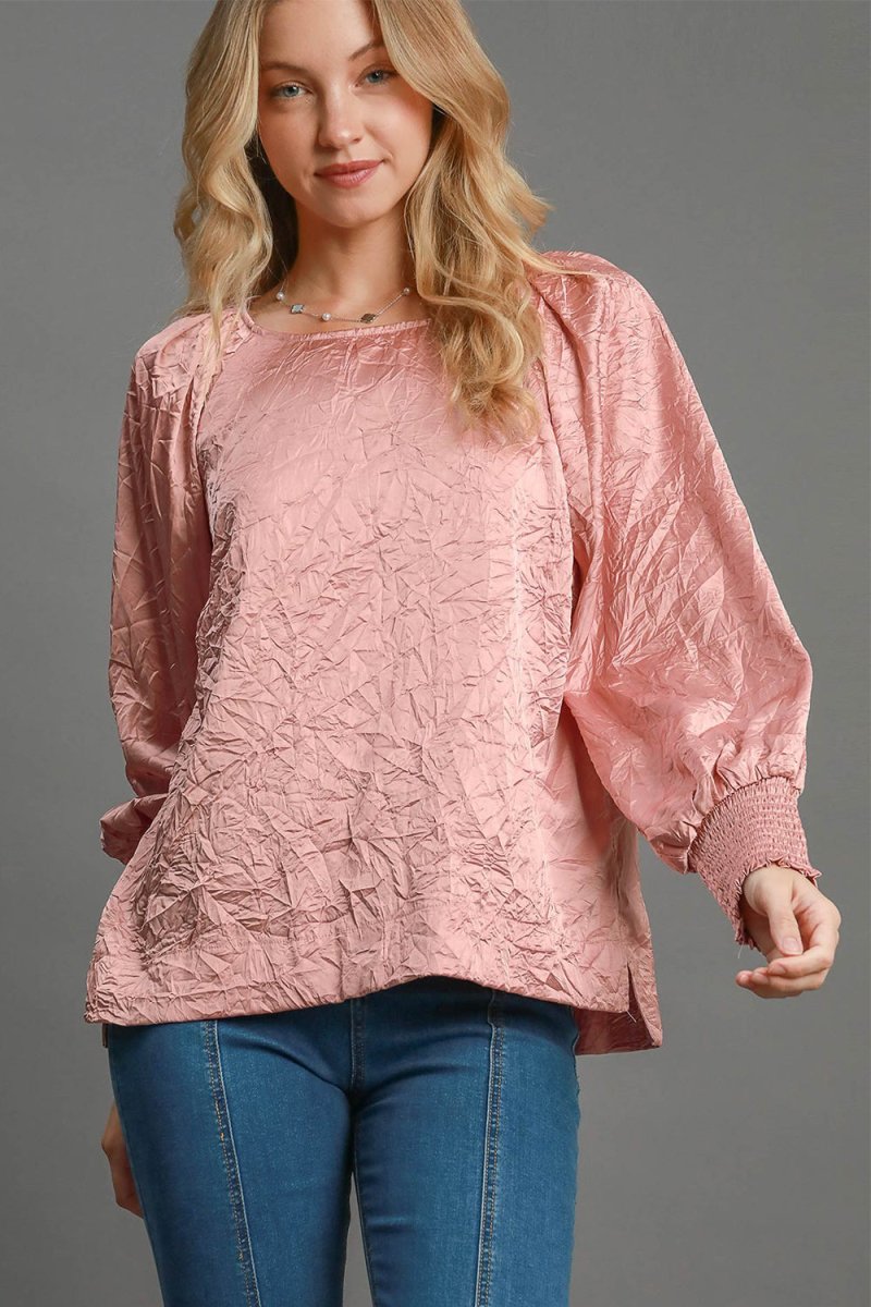 Umgee Wrinkled Round Neck Lantern Sleeve Blouse for Women