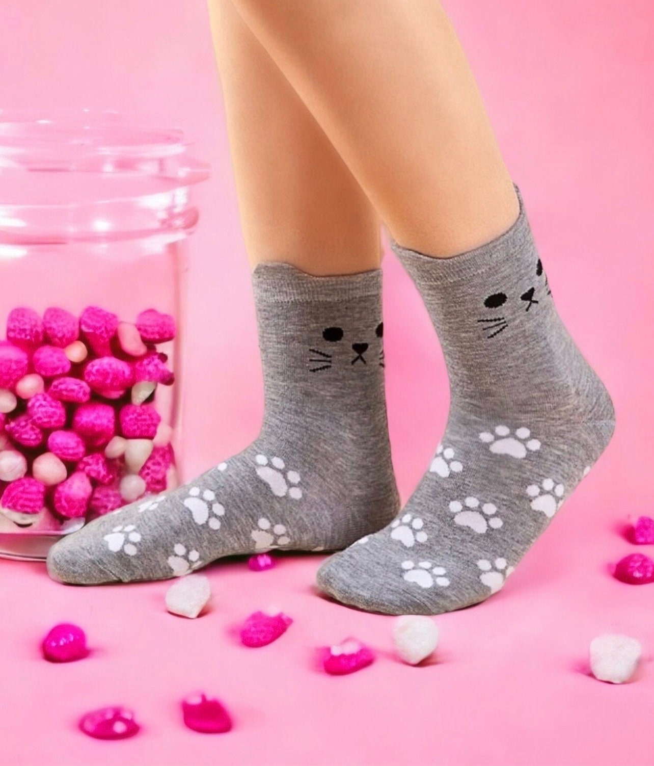 Cute Gray Cat Socks with Paw Prints