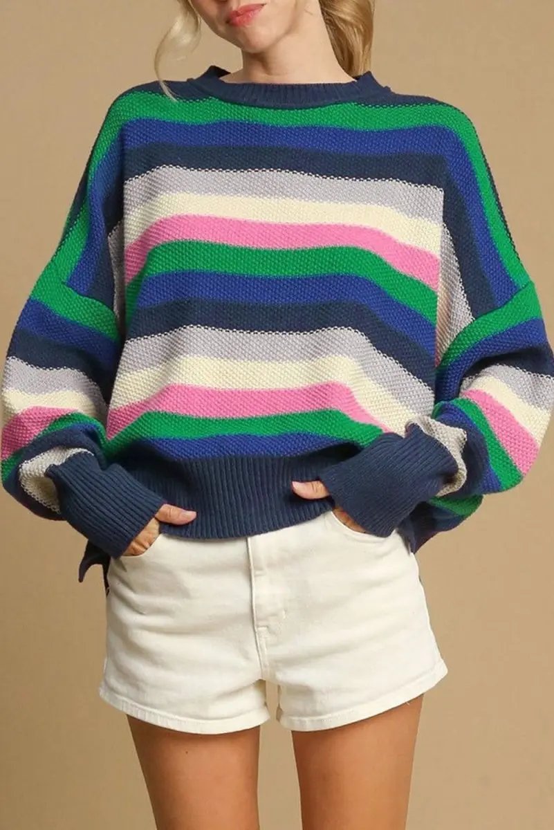 Love Salve Green Striped Sweater Women&amp;#39;s Daily Casual Top + Soft Knit