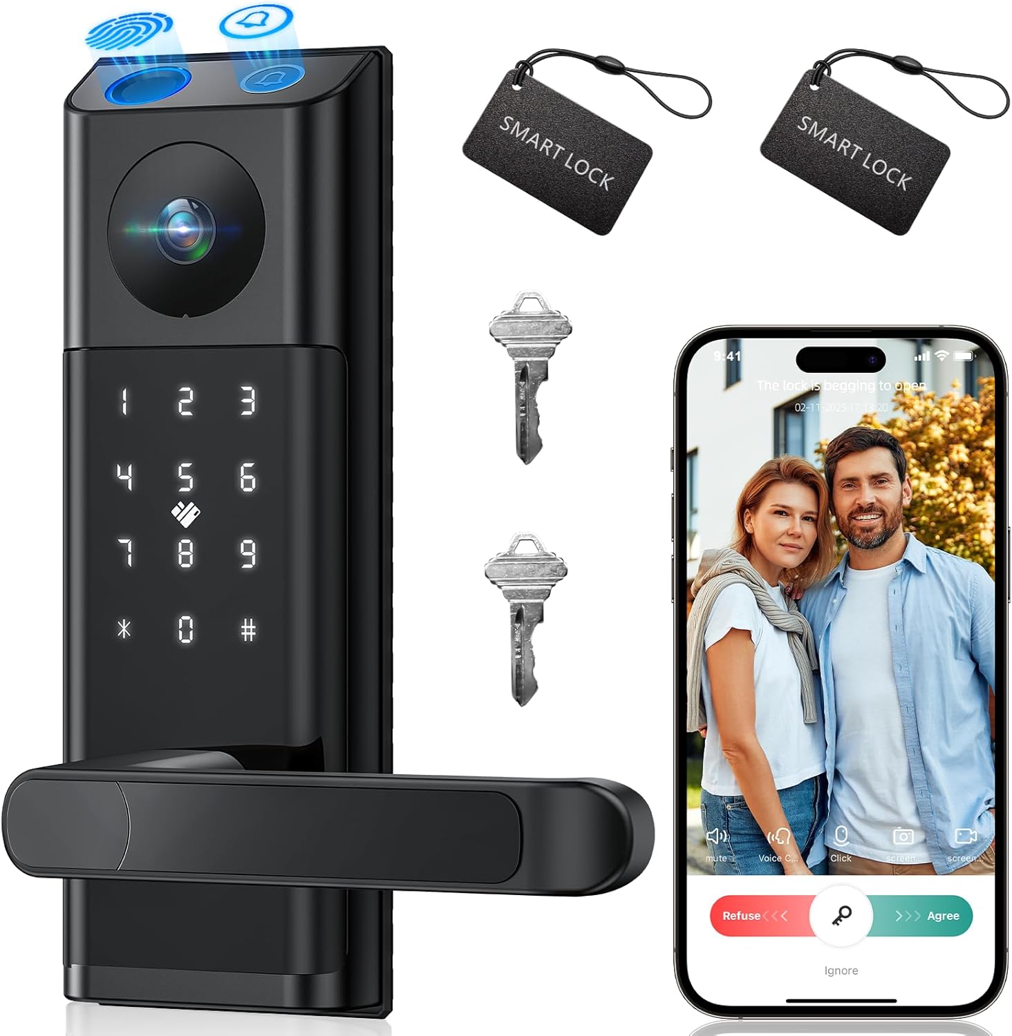 Video Smart Lock with Camera &amp;amp; Doorbell, 5-in-1 Keyless Entry Door Lock with Handle, Fingerprint+Keypad Code+App Remote Control+IC Card, Auto Lock, Wi-Fi Smart Deadbolt for Front Door, Apartment