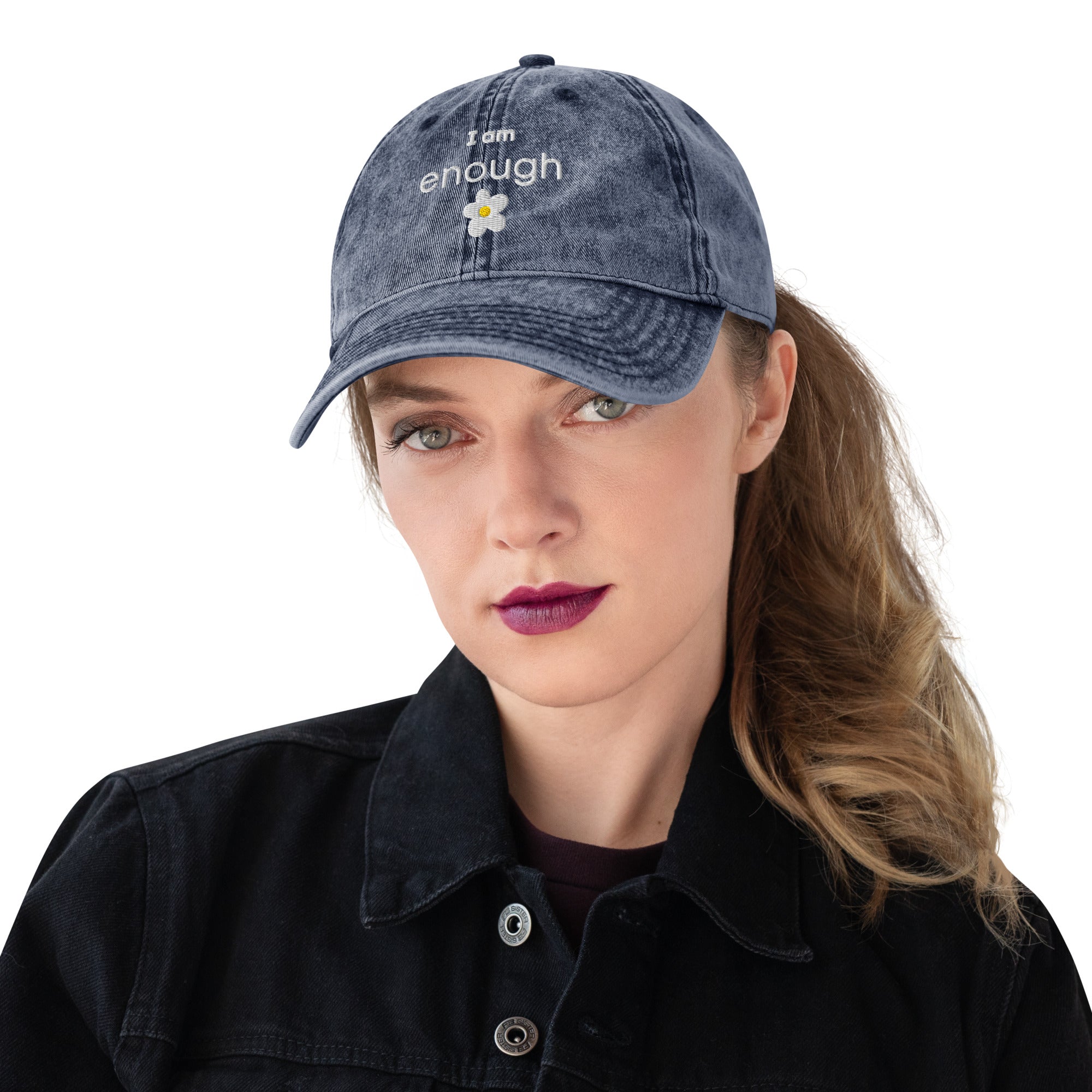 I am enough embroidered daisy Vintage Cotton Twill Cap