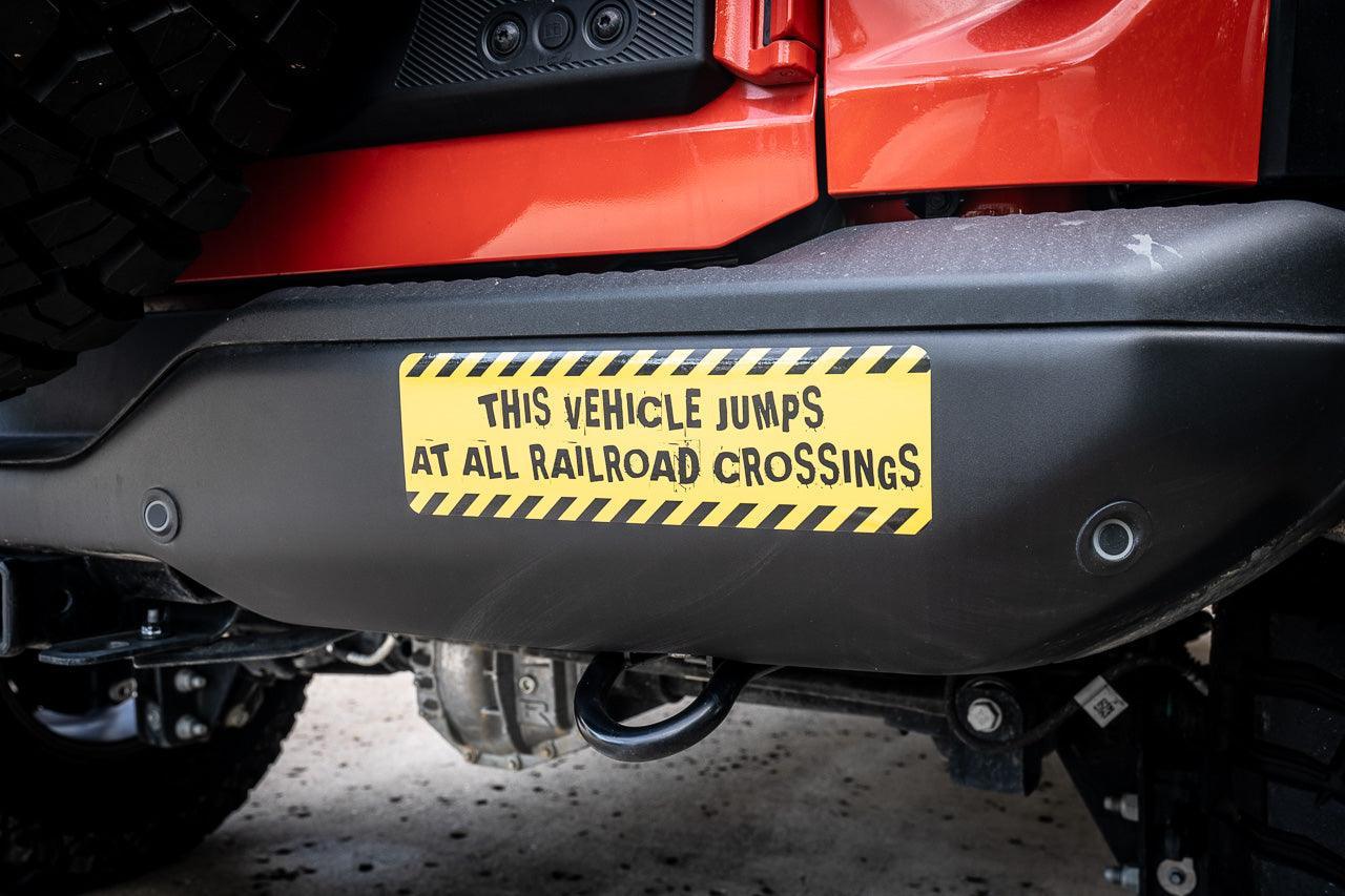 Warning Sticker &amp;quot;This vehicle jumps at all railroad crossings&amp;quot; - Universal