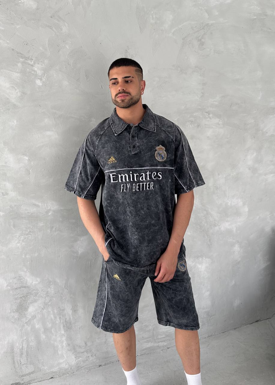 Washed Club Spirit Men&amp;#39;s Polo &amp;amp; Shorts Set – Vintage Black &amp;amp; Gold Streetwear Style