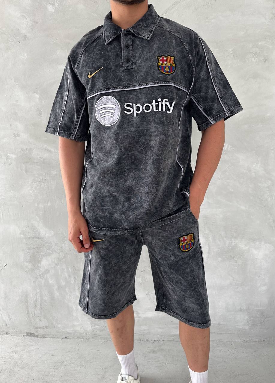 Washed Spirit Men&amp;#39;s Polo &amp;amp; Shorts Set – Retro Grey Clubwear with Contrast Stitching